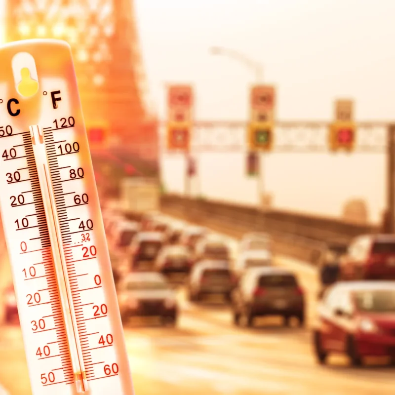 A thermometer showing a high temperature in front of a heat-hazed highway filled with cars.